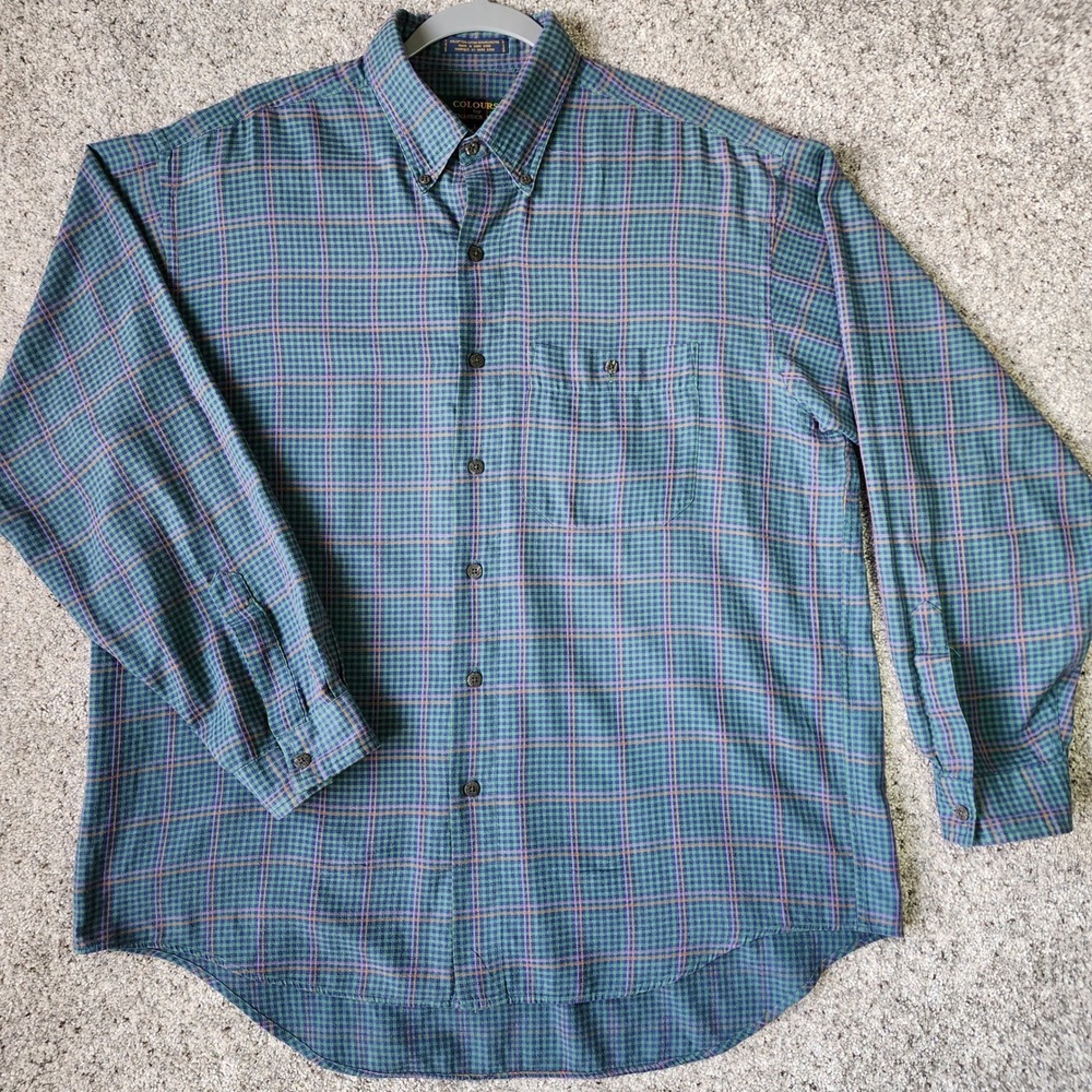 Colours by Alexander Julian Plaid Shirt Mens L Green Blue Button Down Excellent